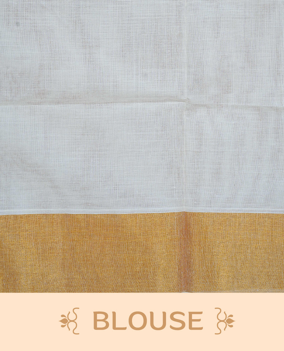 Cream Colour Cotton Kerala Saree Featuring an Elegant Plain Body, a Classy Gold Zari Border, and a Traditional Gold Zari Pallu with Blue Accents, Paired with a Matching Blouse Piece.