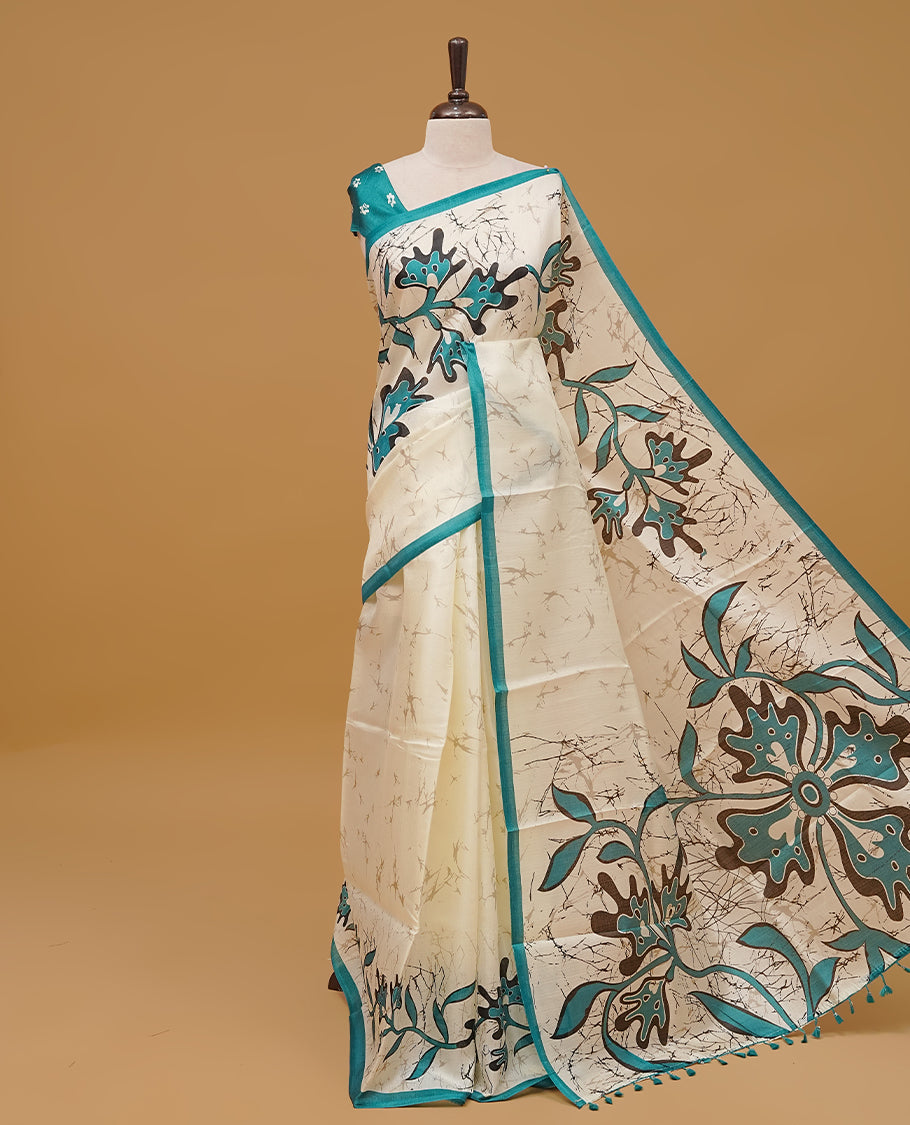 Teal Green & off white colour semi jute saree