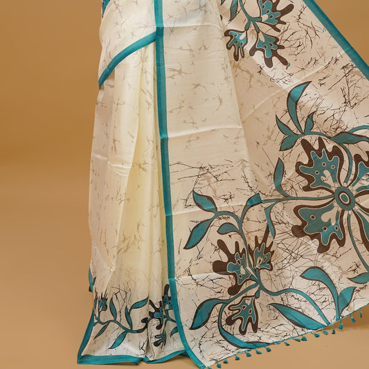 Teal Green & off white colour semi jute saree
