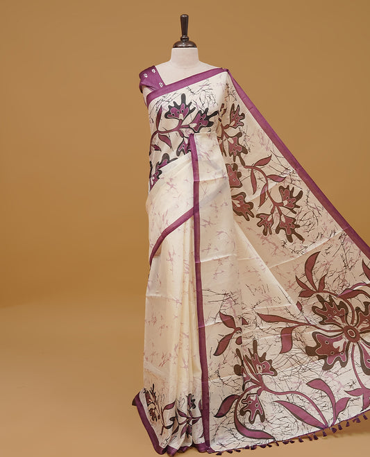 Purple and off white colour semi jute saree