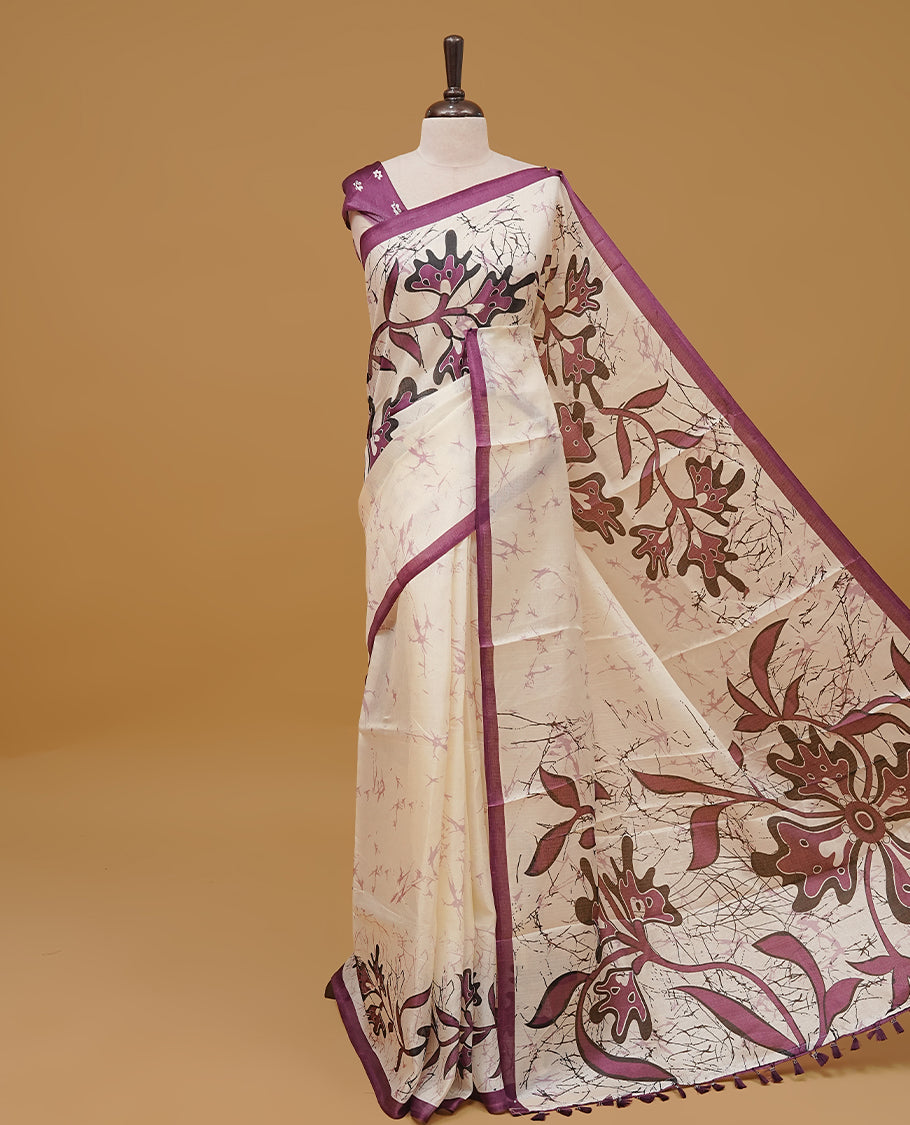 Purple and off white colour semi jute saree
