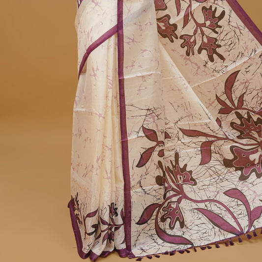 Purple and off white colour semi jute saree