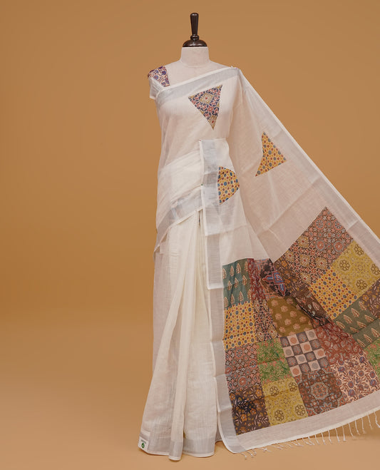 Off white colour linen cotton saree