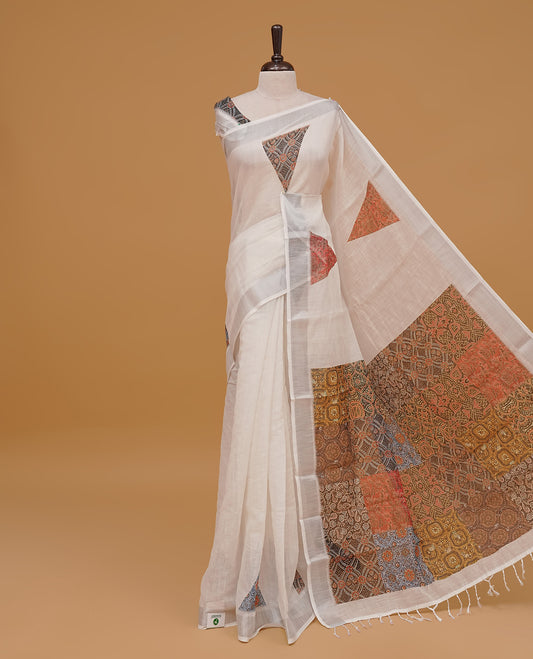Off white colour linen cotton saree