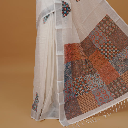 Off white colour linen cotton saree