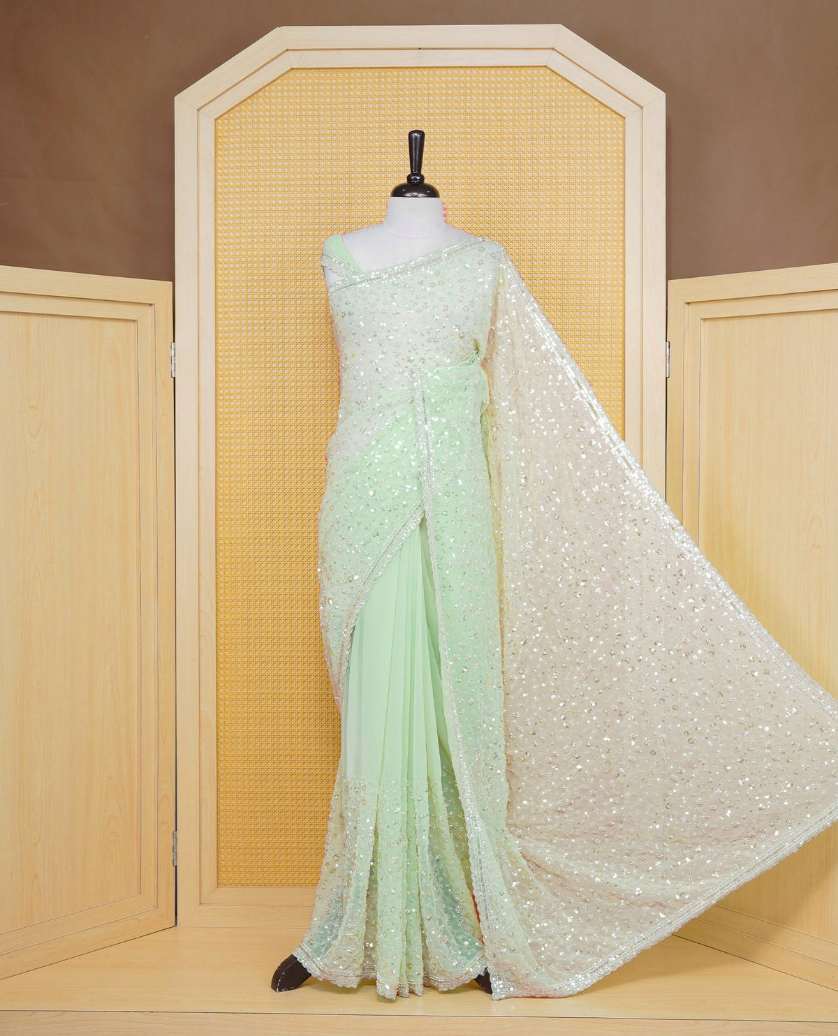Pista colour Organza saree with Cut Beats & Sequins.