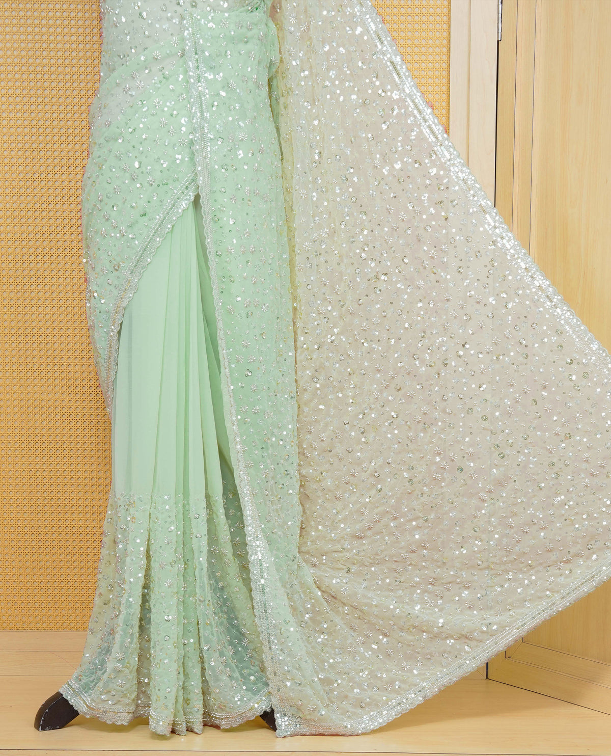 Pista colour Organza saree with Cut Beats & Sequins.