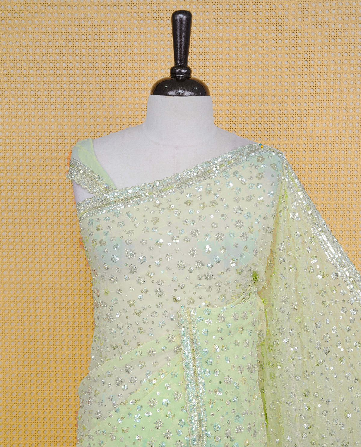 Pista colour Organza saree with Cut Beats & Sequins.