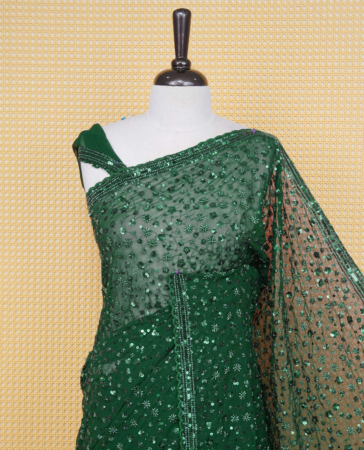 Dark Green colour Organza saree with Cut Beats & Sequins.