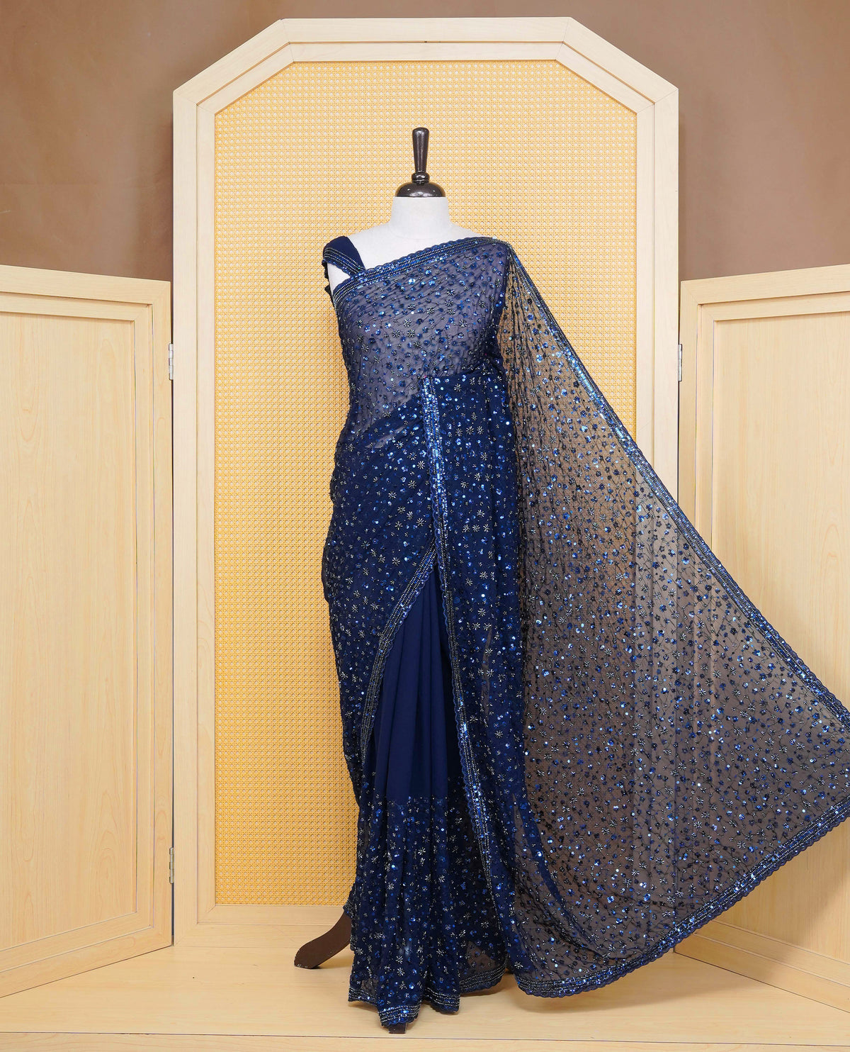 Navy Blue colour Organza saree with Cut Beats & Sequins.