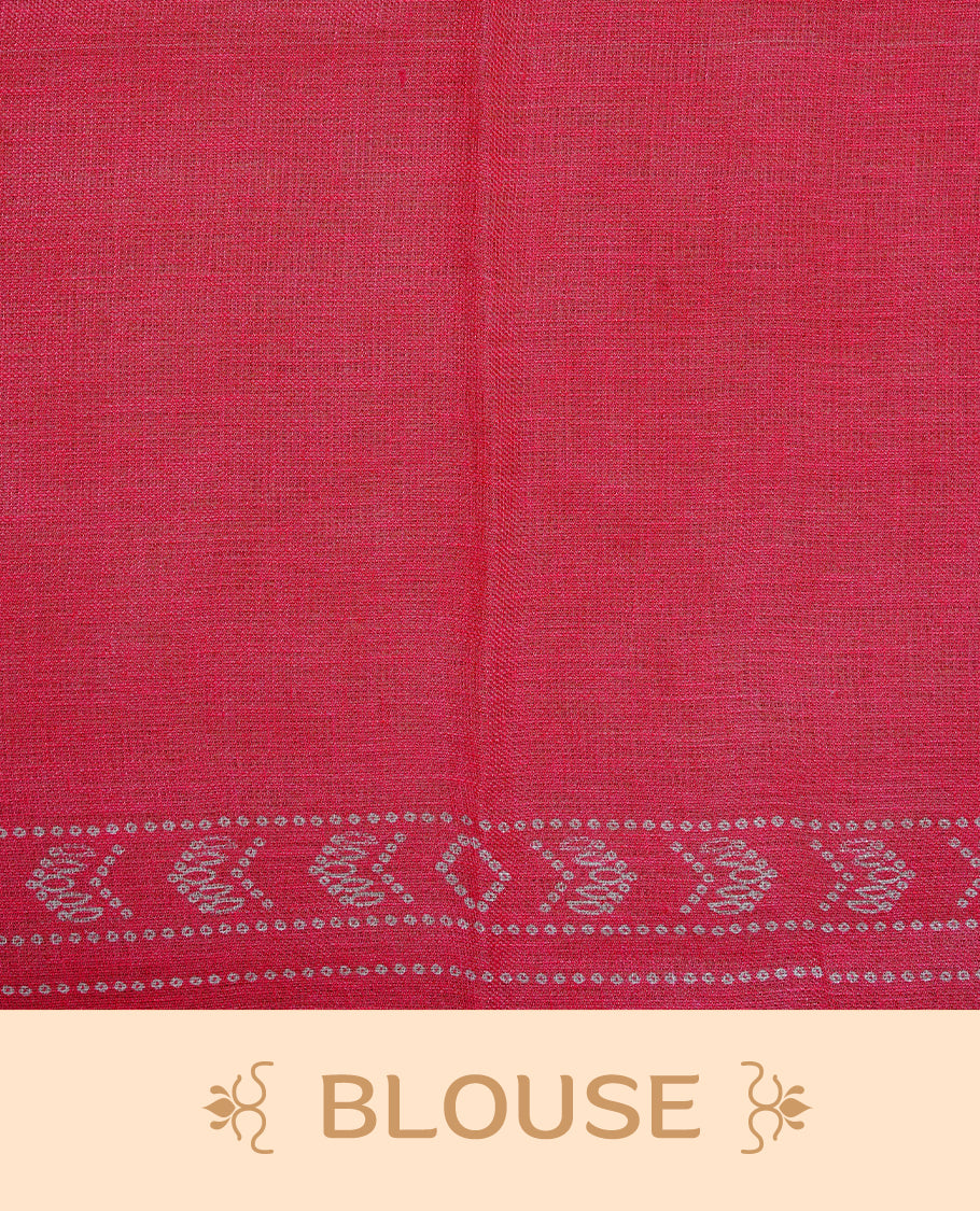 Cream colour semi linen saree featuring Mustard Ajrakh pattern print on body, complemented by contrast Light red colour with same pattern print border, comes with matching blouse piece.