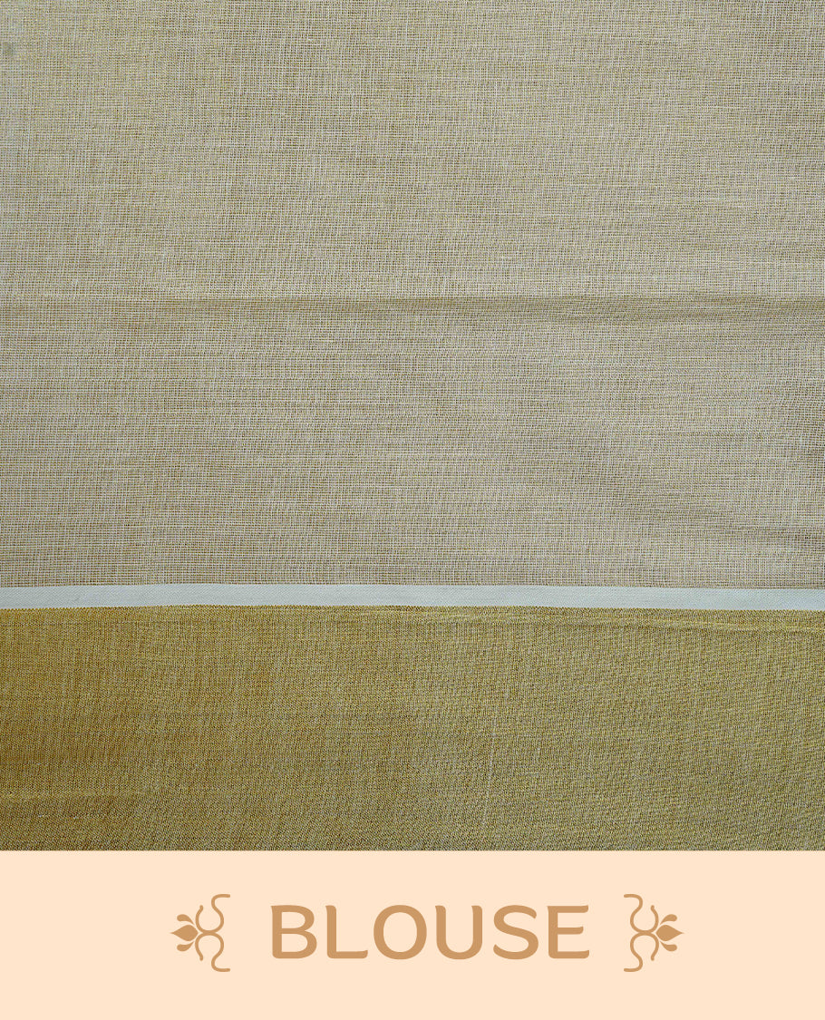Cream colour Tissue kerala saree featuring Embroidery buttas on body, complemented by Floral thread work with Print & kasavu kara, comes with matching blouse piece.