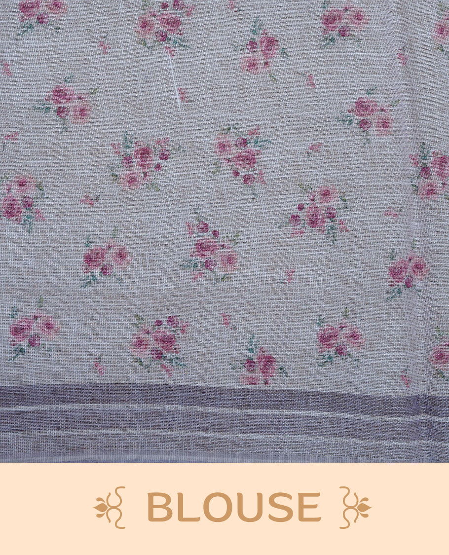 Cream colour semi linen saree featuring Pink colour floral print on body, complemented by contrast Strip pattern border, comes with matching blouse piece.
