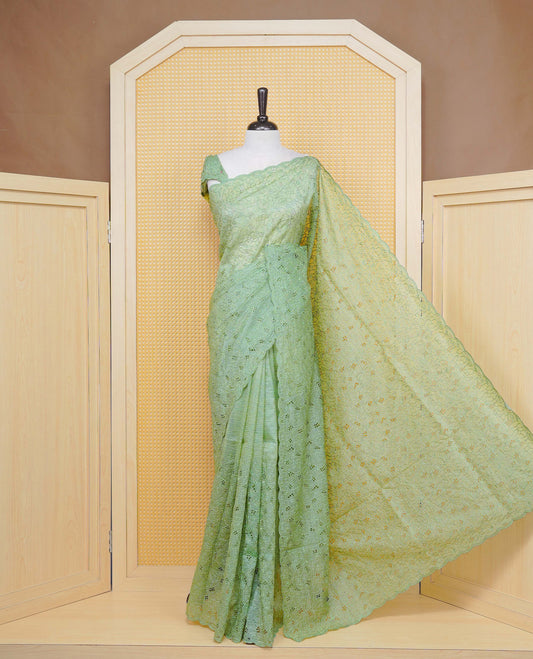 Pastel green colour Crush organza saree with Thread work.