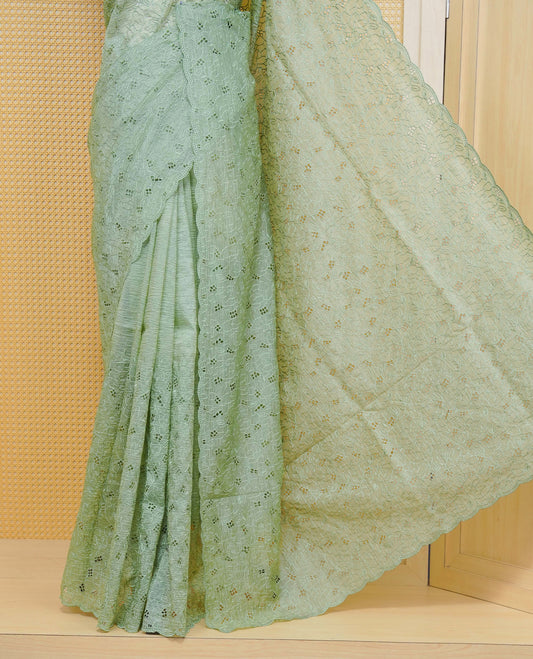 Pastel green colour Crush organza saree with Thread work.