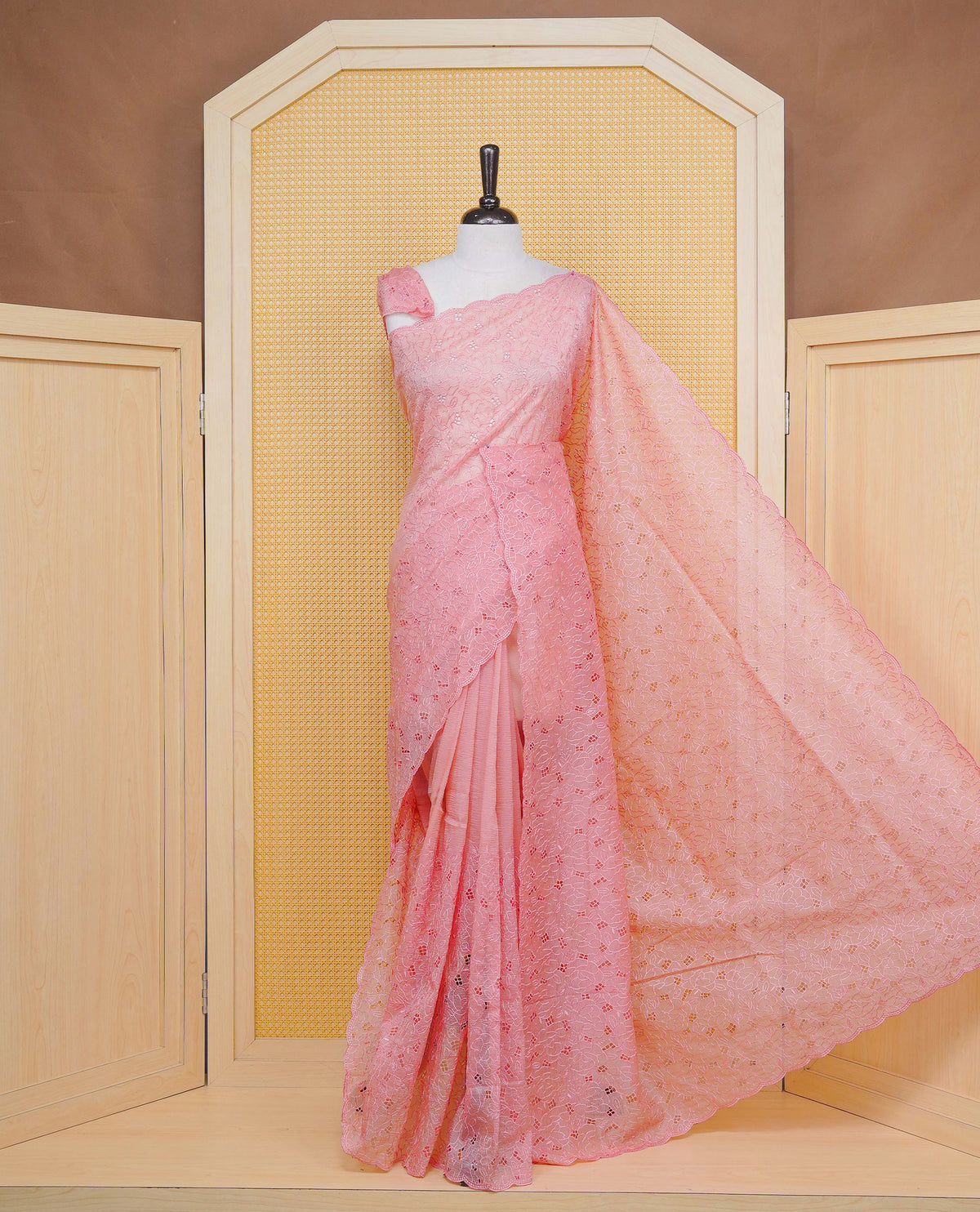 Pastel Peach colour Crush organza saree with Thread work.