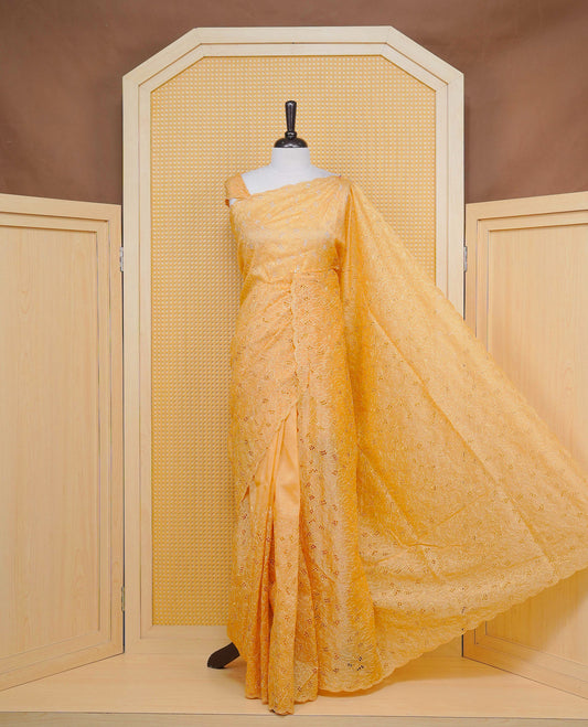 Pastel Yellow colour Crush organza saree with Thread work.