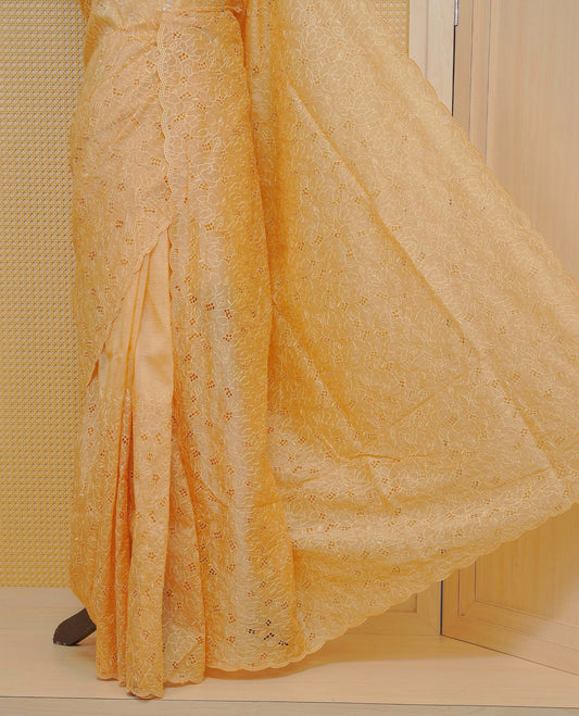 Pastel Yellow colour Crush organza saree with Thread work.