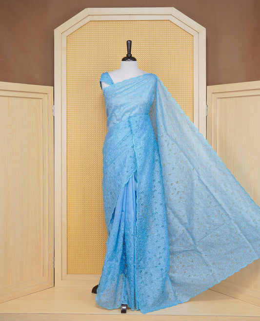 Pastel Blue colour Crush organza saree with Thread work.