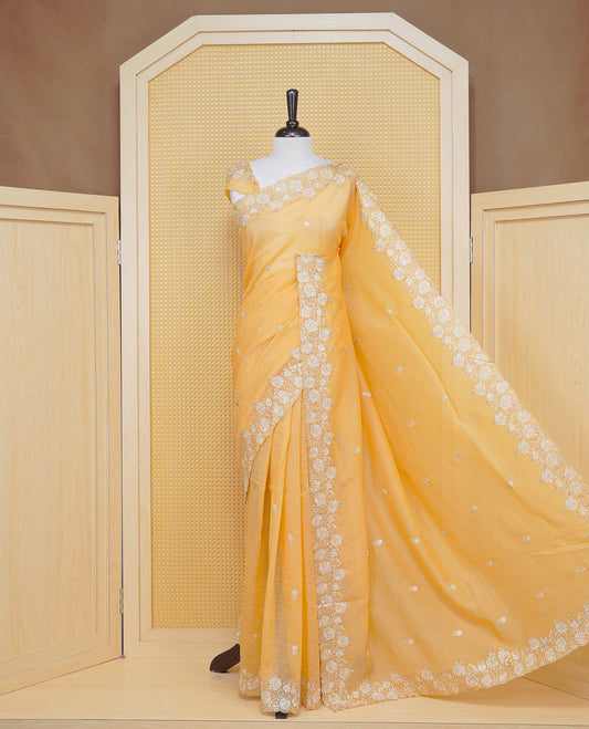Pastel Mustard colour Crush organza saree with Thread & Cut beat work.