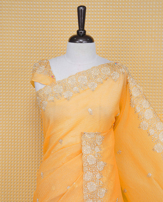 Pastel Mustard colour Crush organza saree with Thread & Cut beat work.