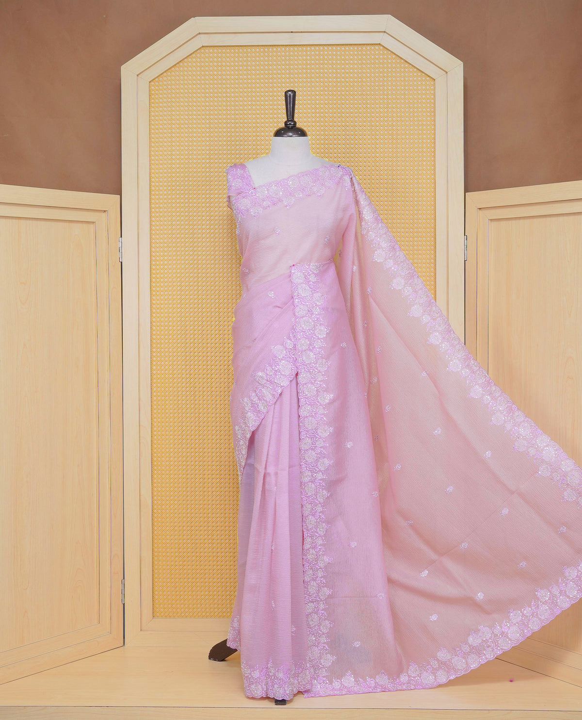 Pastel Lavender colour Crush organza saree with Thread & Cut beat work.