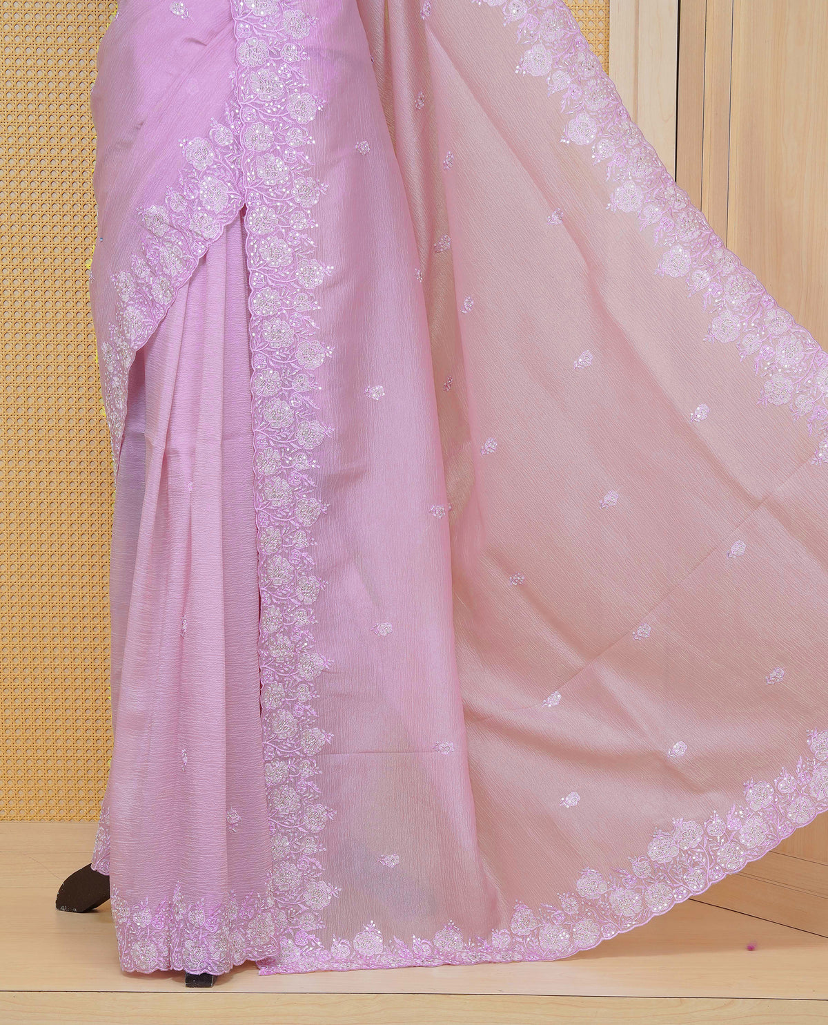 Pastel Lavender colour Crush organza saree with Thread & Cut beat work.