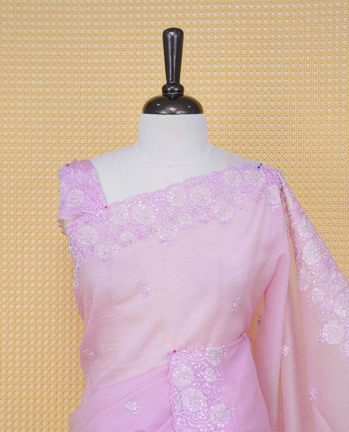 Pastel Lavender colour Crush organza saree with Thread & Cut beat work.