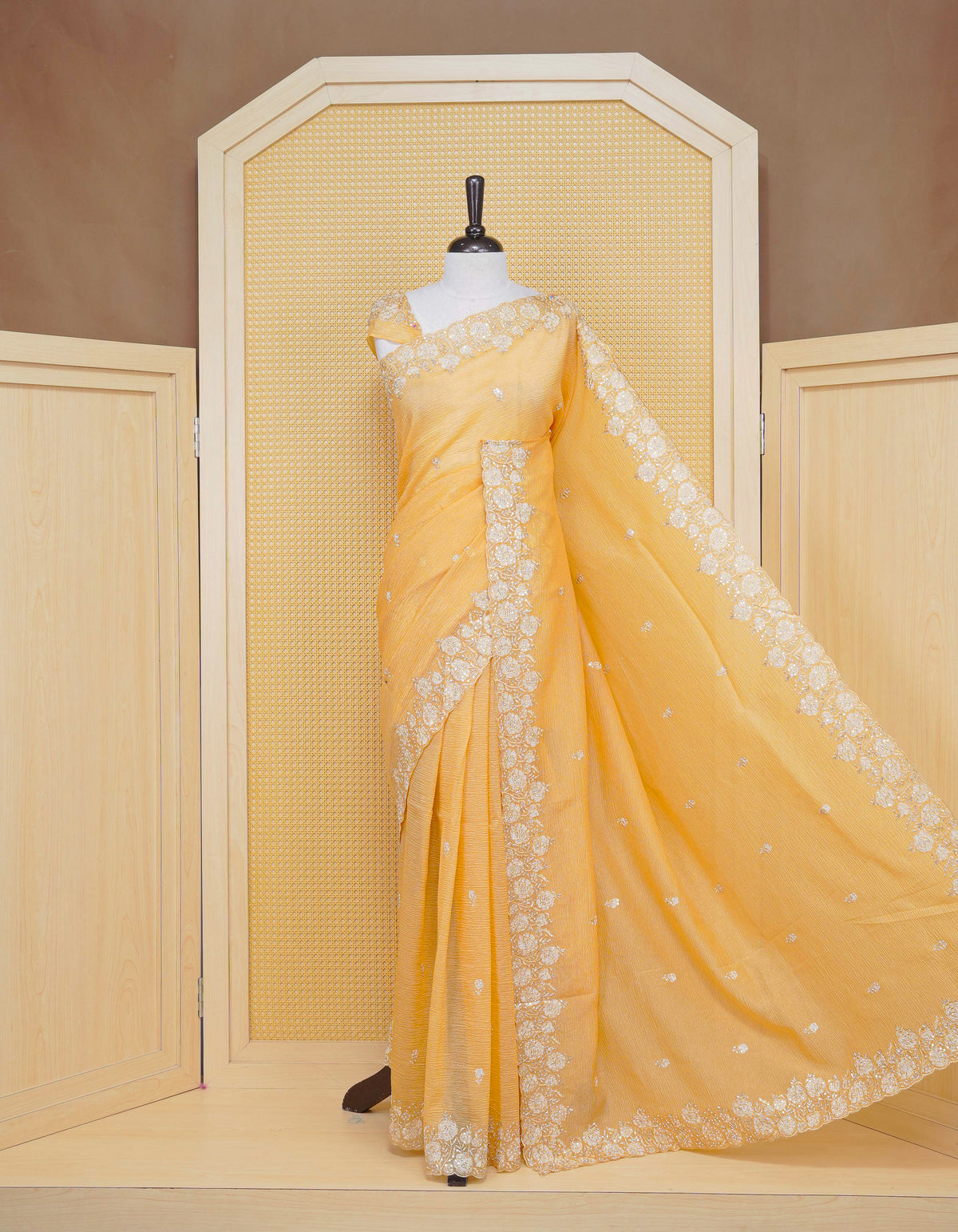 Pastel Yellow colour Crush organza saree with Thread & Cut beat work.