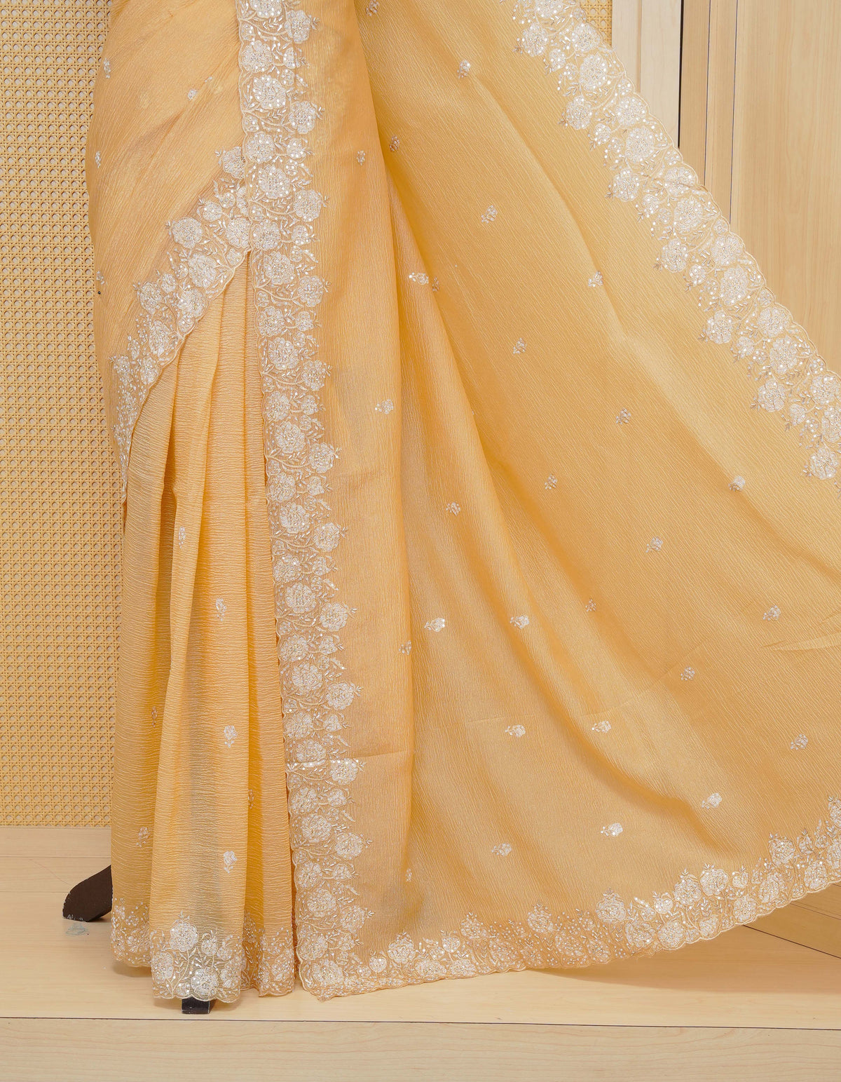 Pastel Yellow colour Crush organza saree with Thread & Cut beat work.