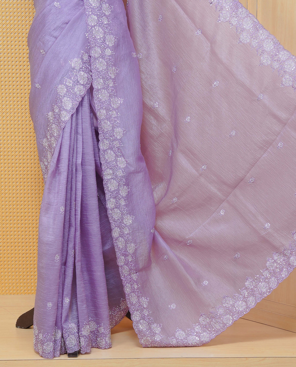 Pastel Purple colour Crush organza saree with Thread & Cut beat work.