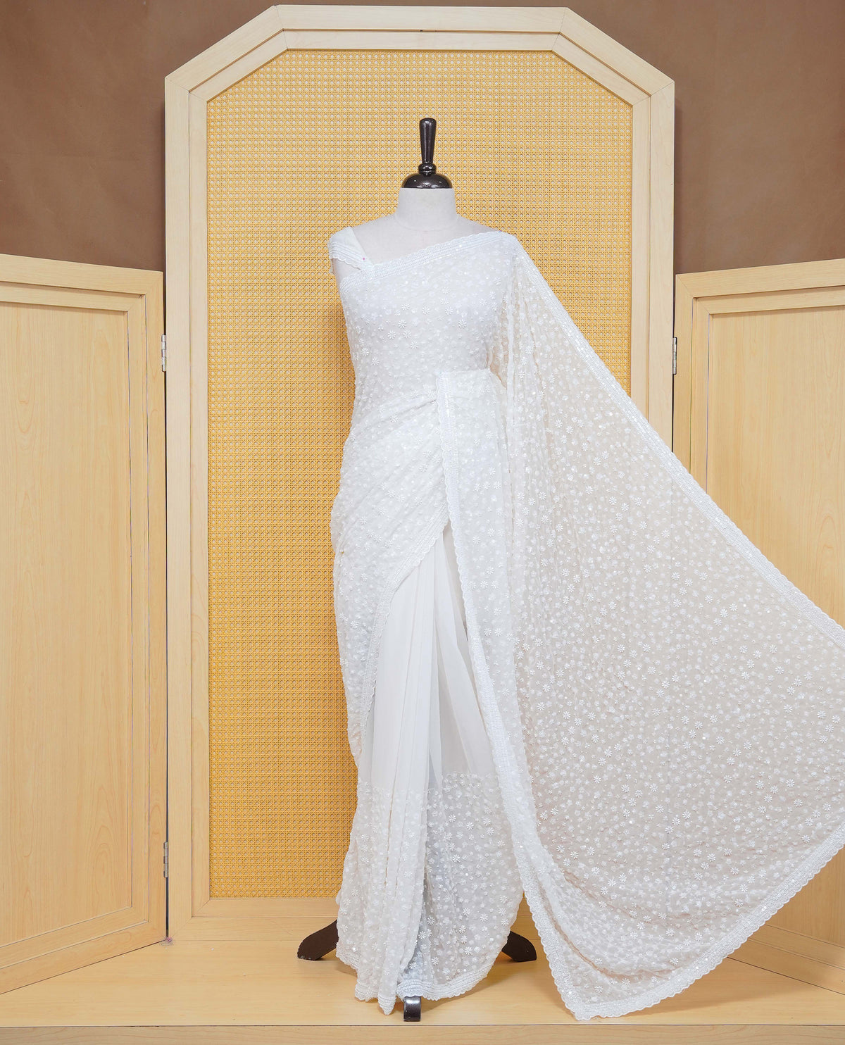 White colour Organza saree with Cut Beats & Sequins.