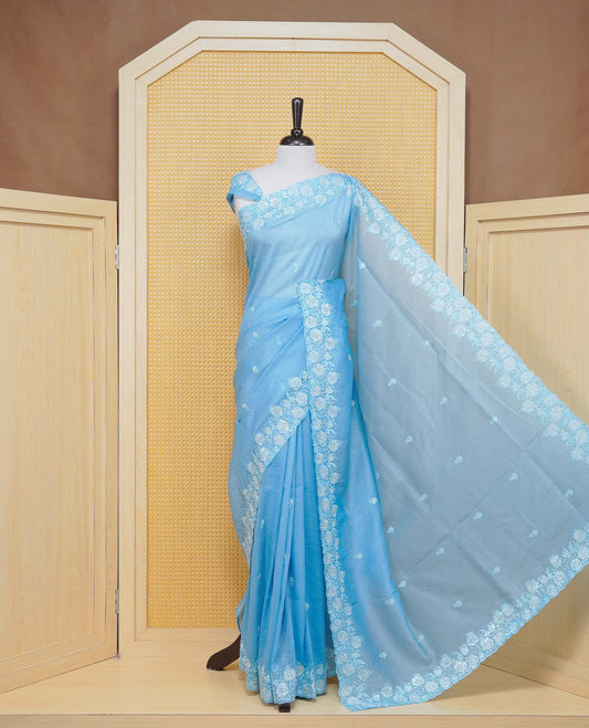 Pastel Blue colour Crush organza saree with Thread & Cut beat work.