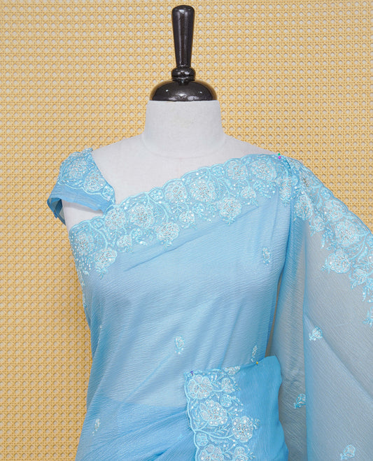 Pastel Blue colour Crush organza saree with Thread & Cut beat work.