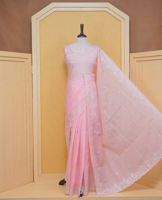 Baby Pink colour Crush organza saree with Thread & Cut beat work.