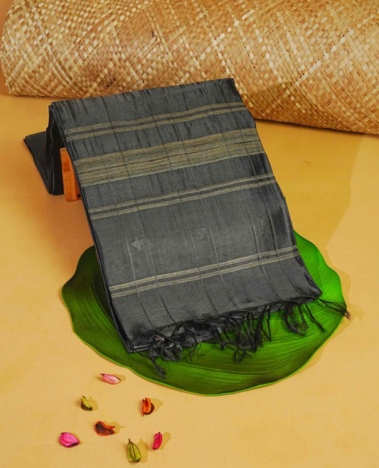 Dark charcoal grey colour fiber silk saree