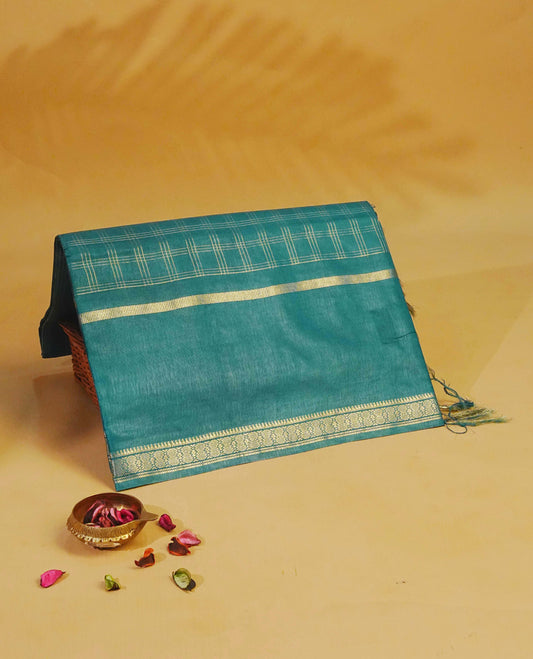 Deep teal colour Tusser Silk saree