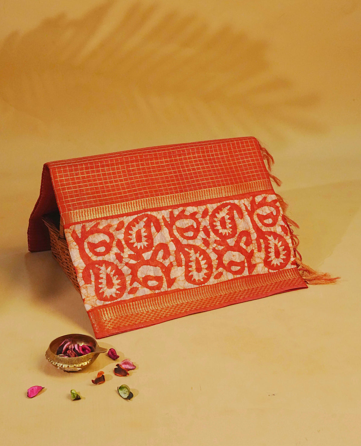 Rust orange colour Tusser Silk saree