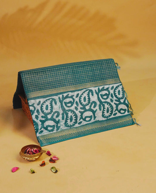 Teal Green colour Tusser Silk saree