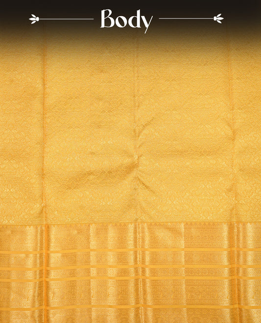 Yellow  Colour Pure Kancheepuram Silk Saree Featuring Gold Zari Kodi  Pattern on the Body, Highlighting a Traditional Gold Zari Border, Paired with a Matching Blouse Piece.