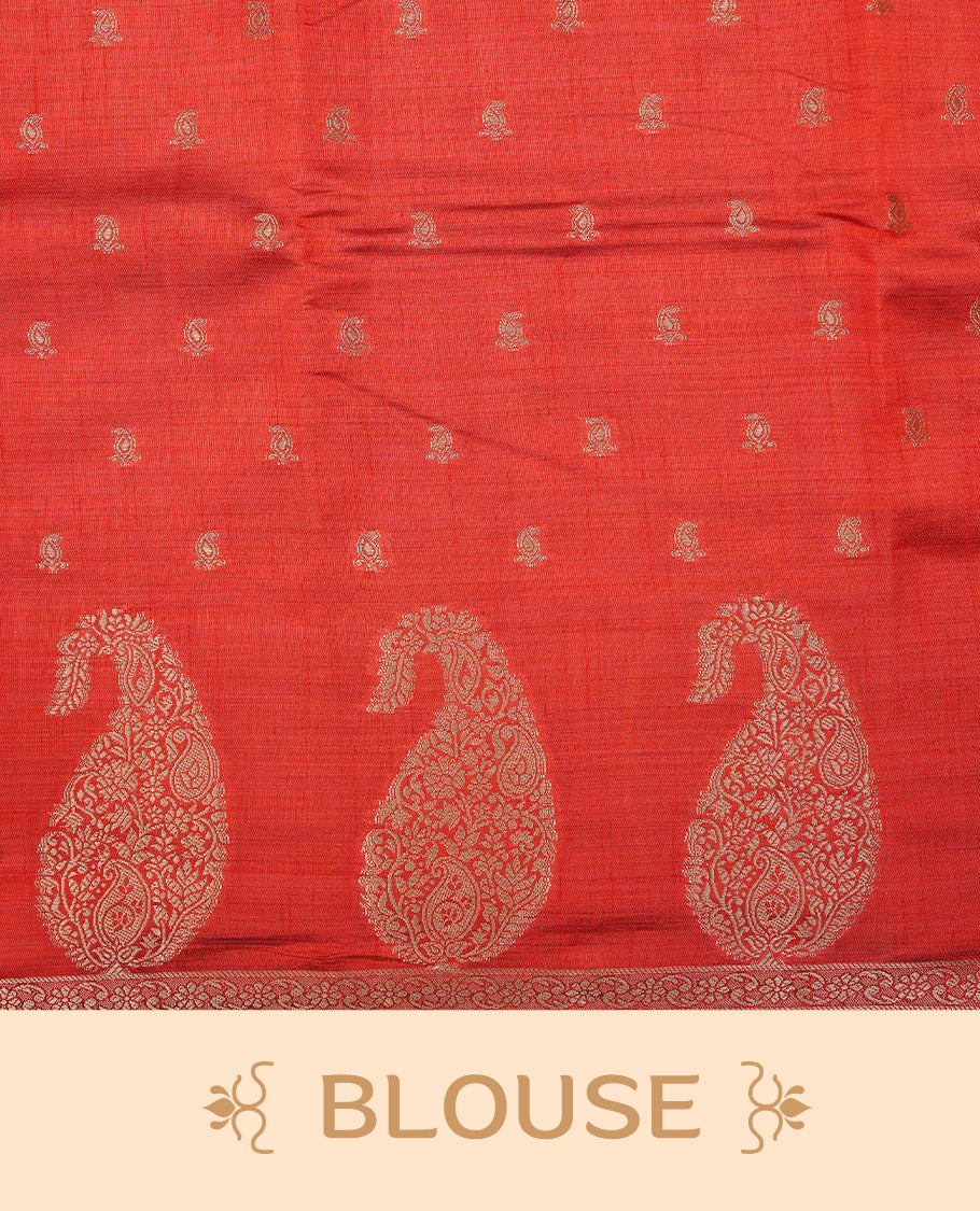 Red colour semi tussar silk saree featuring small gold zari mango motifs across the body, enhanced with a self colour border showcasing elegant gold zari mango patterns. Paired with a matching blouse piece.