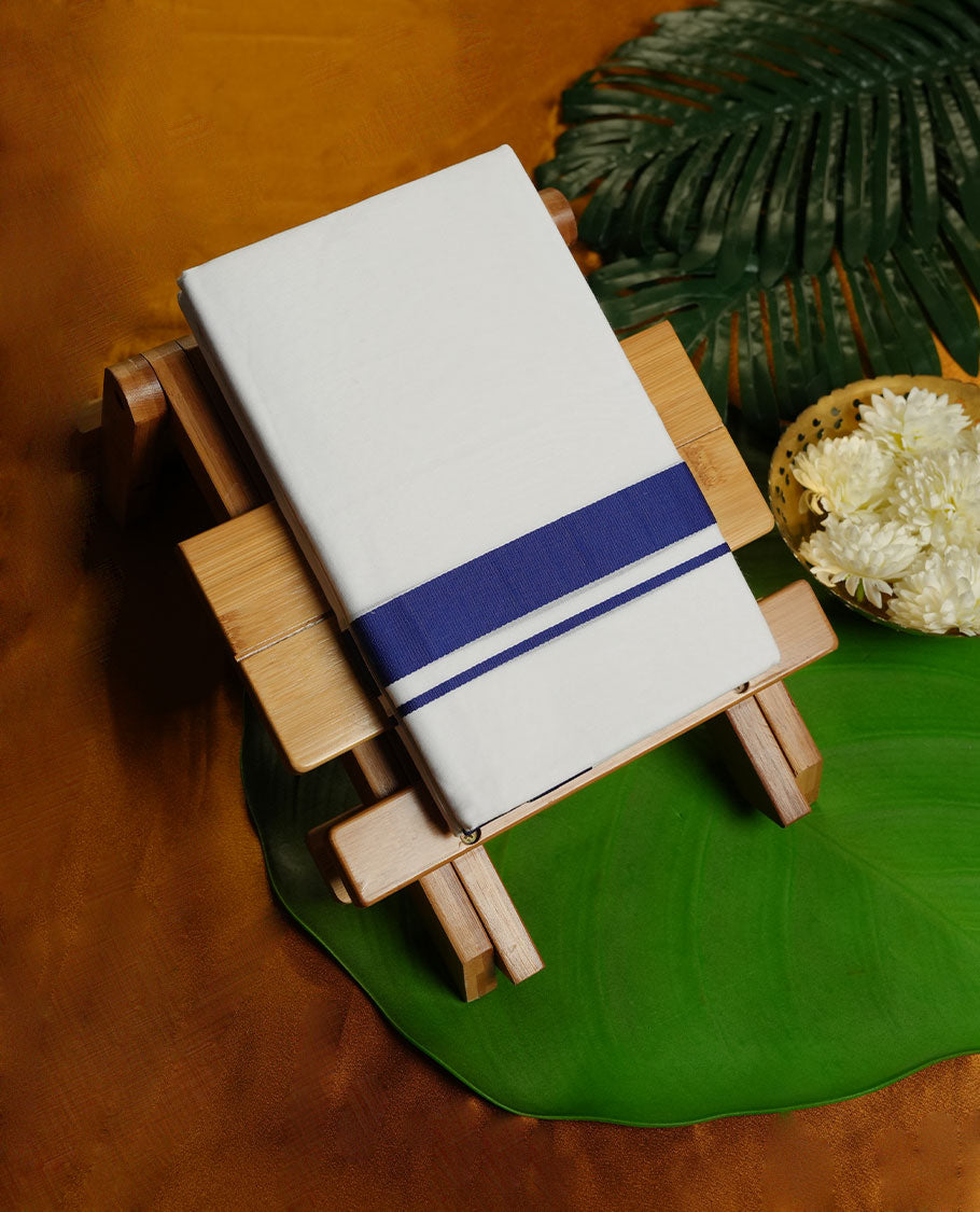 White Colour MCR Pure Cotton double Dhoti with Blue Colour Border for Men