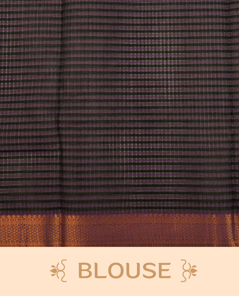 Violet  Colour Mangalagiri cotton saree featuring elegant Black stripes Across The Body , a Two Inch Gold  zari border & Gold Zari Pallu, Paired With a matching blouse piece.