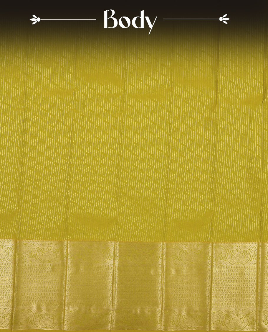 yellow green Colour Semi Silk Saree with Gold Self-Woven Striped Body, Contrasting Grape Purple Golden Zari Pallu & Border, Allover Paisley Motifs, and Matching Blouse Piece