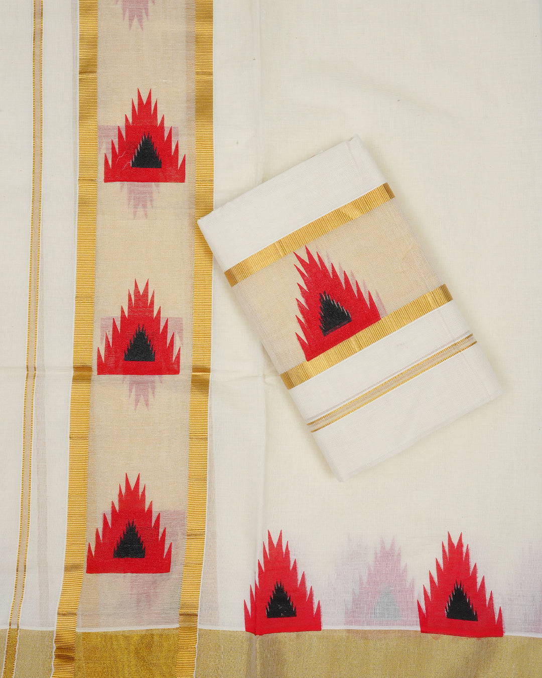 Cream colour cotton Set Mundu With Plain body, enhanced with gold Kasav With Red Temple Printed kara.