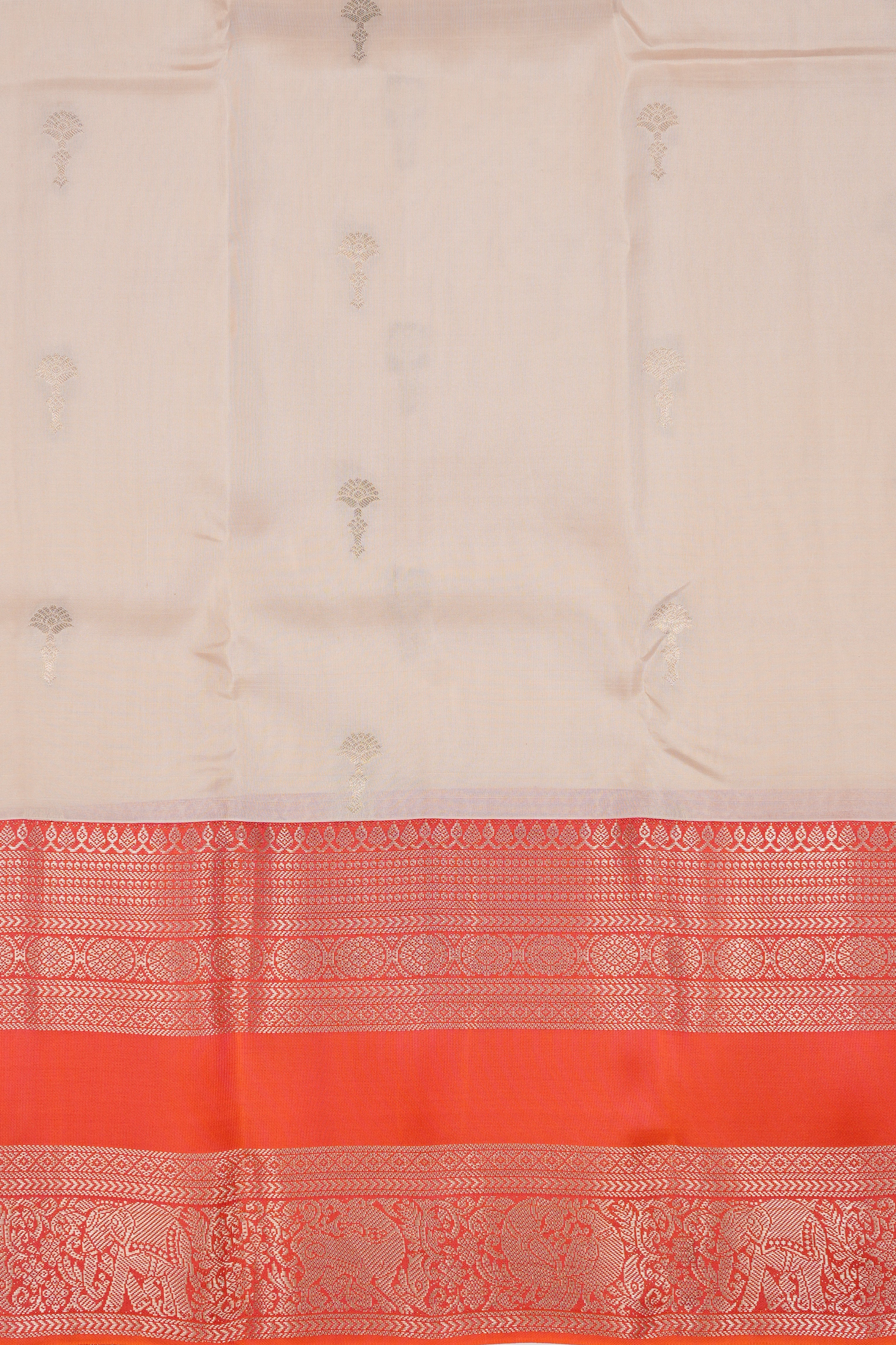 Cream colour Traditional Kancheepuram silk saree featuring gold zari motifs on body, enhanced with contrast Orange with traditional border, paired with matching blouse piece.
