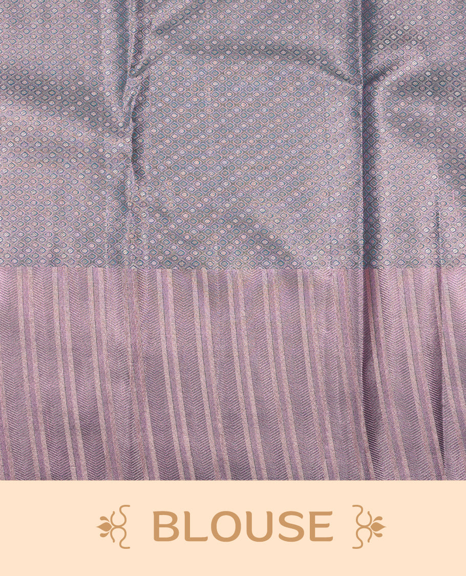 Rose Gold colour Tissue silk saree featuring Green colour floral zari motifs on body, complemented by contrast Light purple zari border, paired with matching blouse piece.