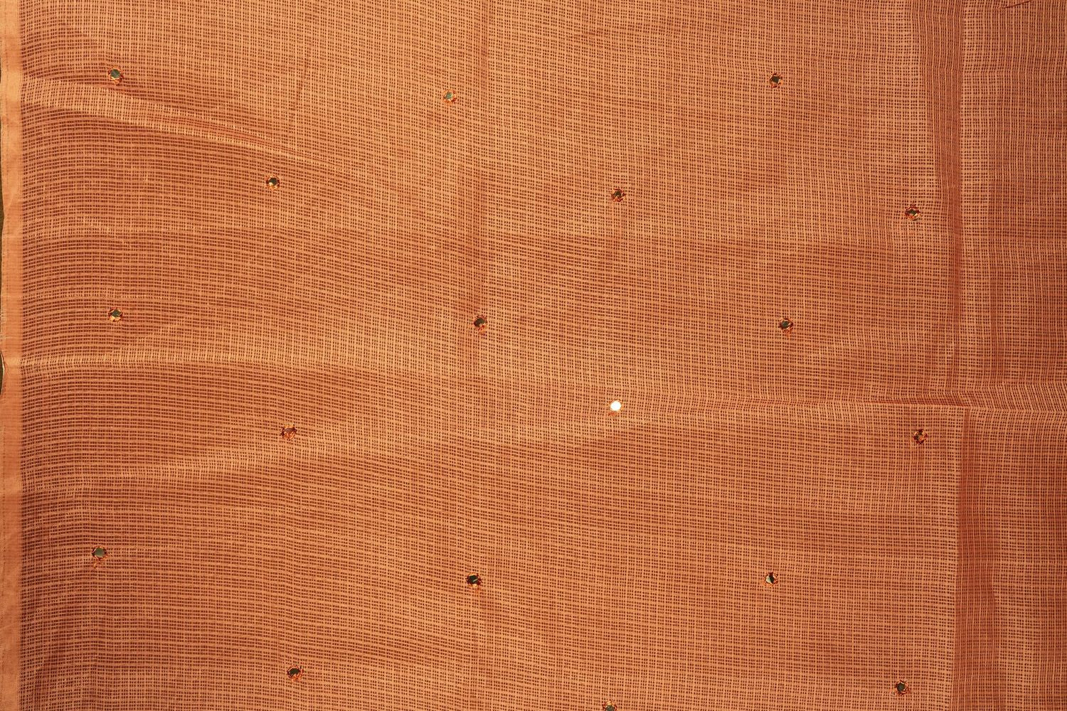 Peach colour Doriya check cotton saree with soft sequins work on the body, elegant embroidery scallop border, and a simple pallu & Comes with a matching plain blouse piece.