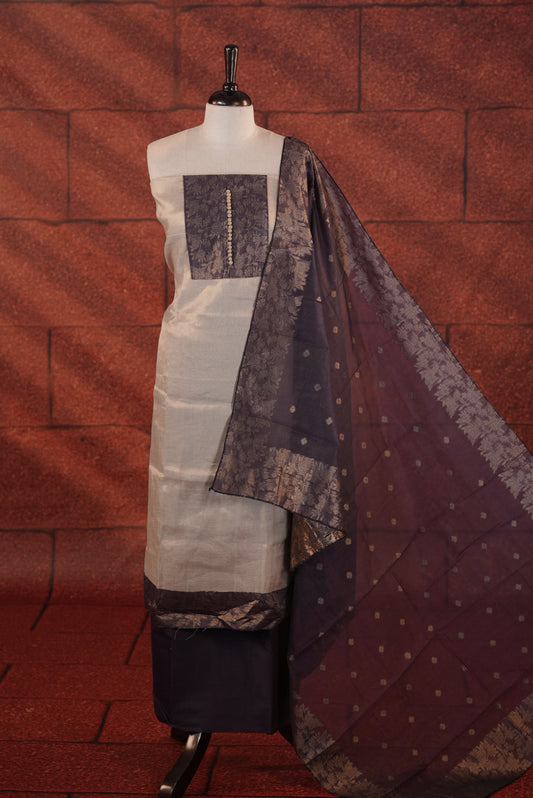 Lavender Colour Soft Tissue Salwar Material Featuring Elegant Beige Work On The Neck, Complemented By A Contrast Bottom And A Semi Banarasi Dupatta
