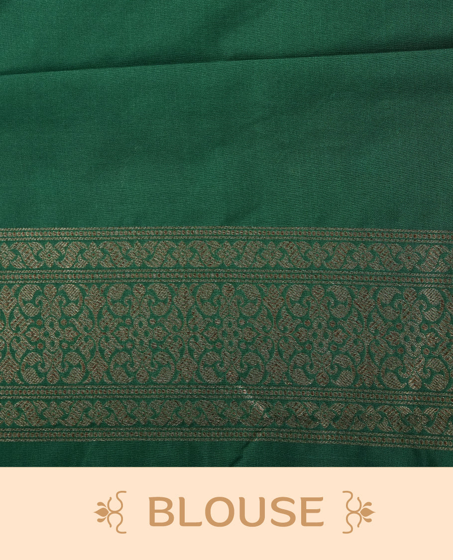 Green Colour Semi Banarasi Katan Silk Saree with Gold Zari Buti Motifs, Traditional Gold Floral Pallu, Elaborate Woven Border, Decorative Tassels with Matching Blouse